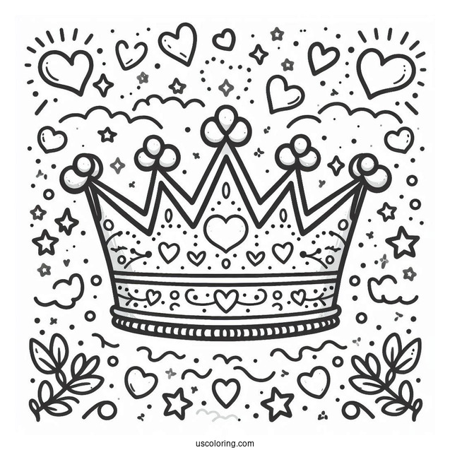 Playful Royal Crown Coloring Page Surrounded by Hearts and Stars For Kids