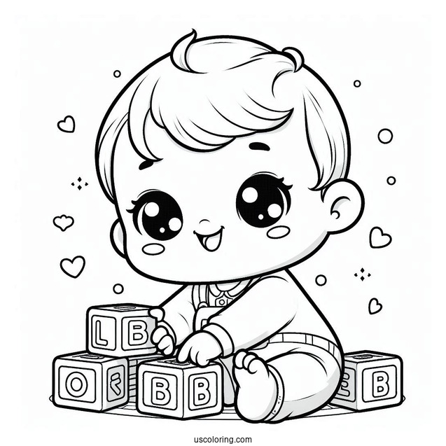 Cute Baby Coloring Page Playing With Alphabet Blocks