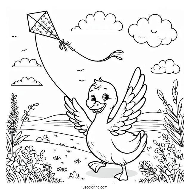 Duck Flying a Kite in the Countryside Coloring Page