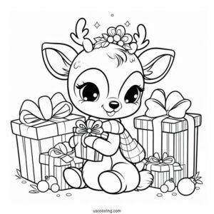 Cute Rudolph Coloring Page Sitting With Christmas Presents For Kids