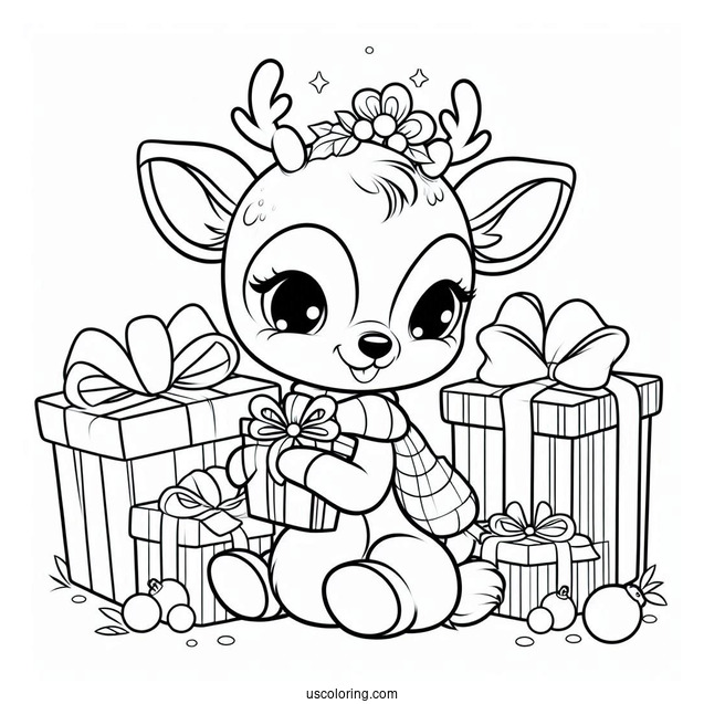 Cute Rudolph Coloring Page Sitting With Christmas Presents For Kids