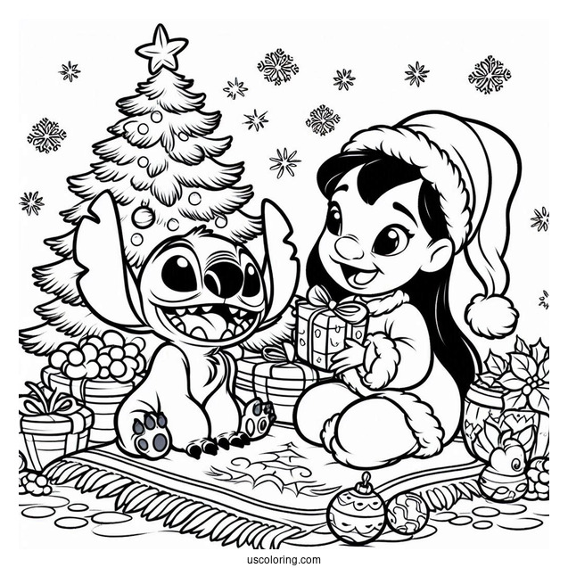 Christmas Themed Lilo And Stitch Coloring Page