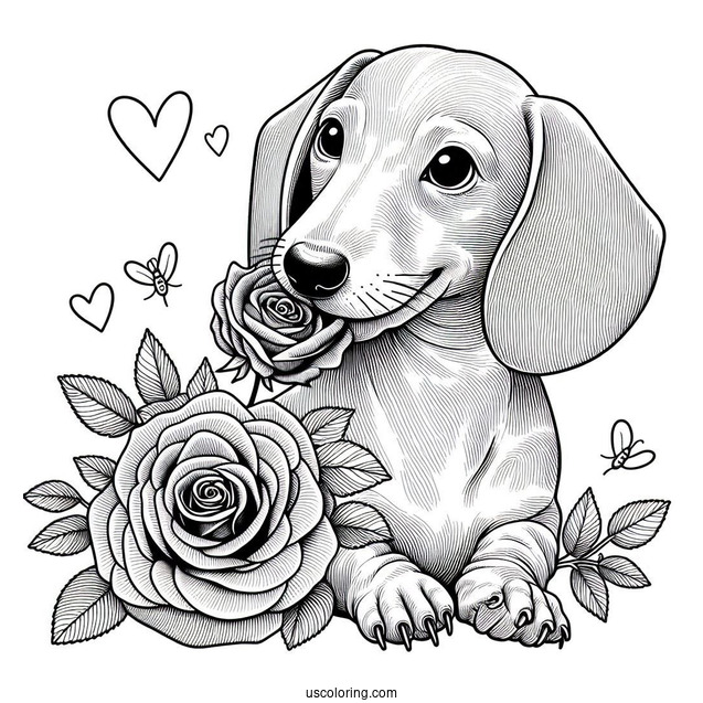Dachshund Coloring Page Biting Down Rose