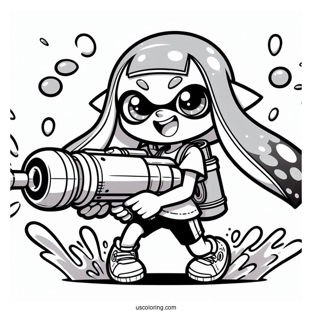 Splatoon Coloring Page Of Happy Pink Inkling Girl Shooting Inkjet
