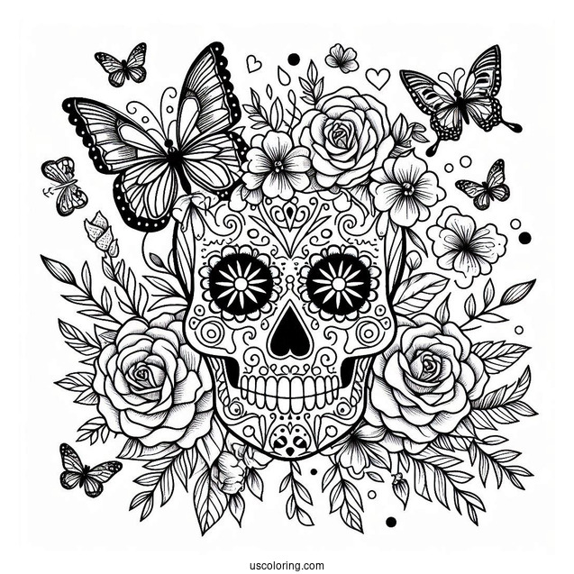 Detailed Sugar Skulls Coloring Page With Flowers And Butterflies