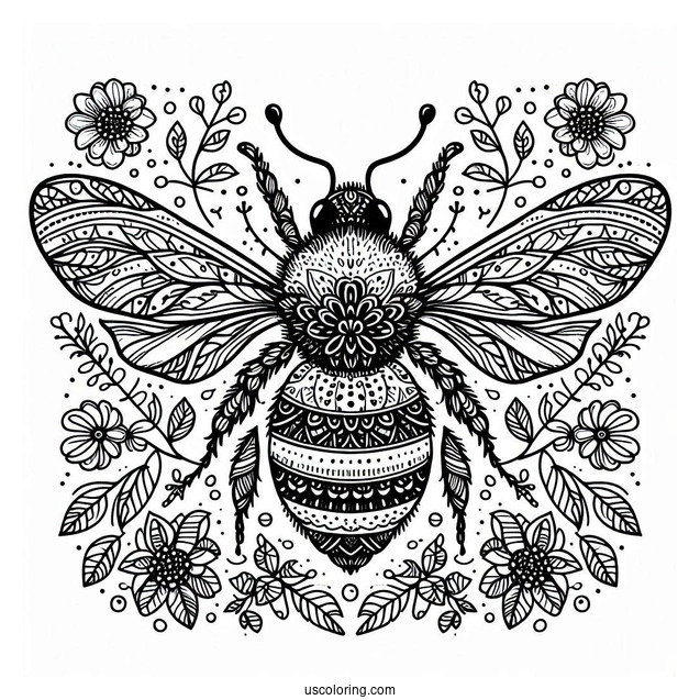 Complex Bumblebee In Nature Pattern Coloring Page
