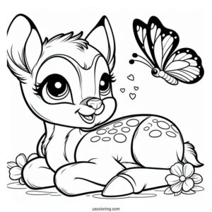 Coloring Page Of Bambi With Butterfly On Nose