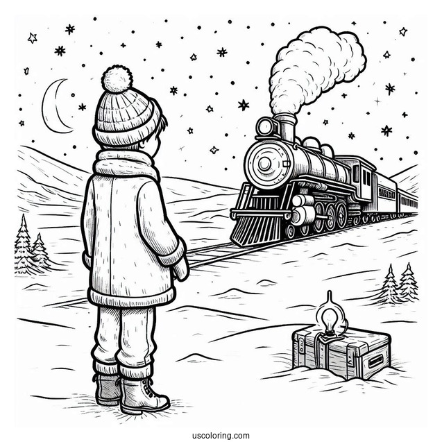 Polar Express Coloring Page Of Lonely Boy Standing In The Snow