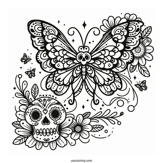 Butterfly Flying To A Sugar Skulls Coloring Page With Flowers