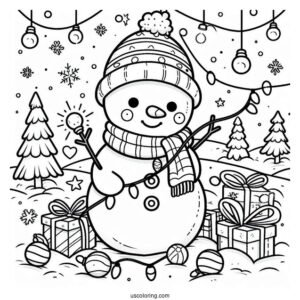 Cute Snowman Playing With Christmas Lights