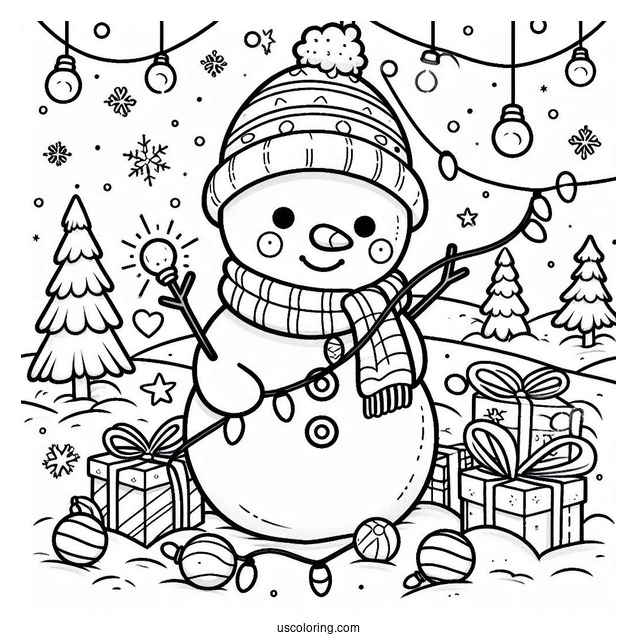 Cute Snowman Playing With Christmas Lights