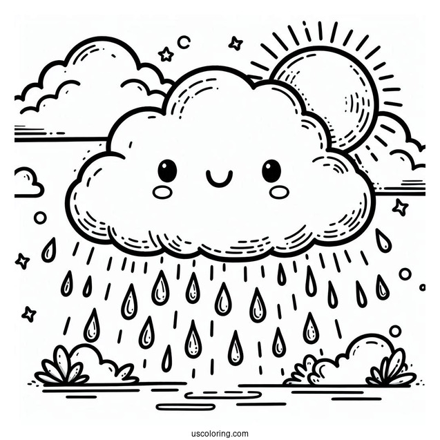 Cartoon Cloud And Rain Coloring Page