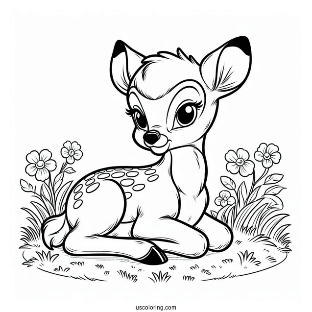 Bambi Sitting On Grass Coloring In