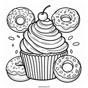 Coloring Page Of Cupcake With Donut To Color