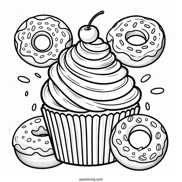 Coloring Page Of Cupcake With Donut To Color