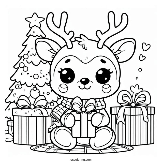 Cute Rudolph Coloring Page Sitting With Christmas Presents For Kids