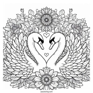Twin Swan Coloring Page In Front Of Flower Mandala