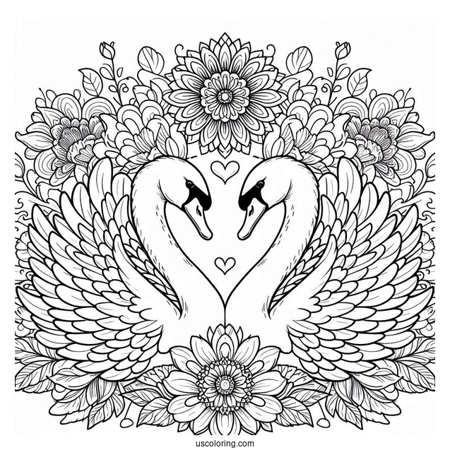 Twin Swan Coloring Page In Front Of Flower Mandala