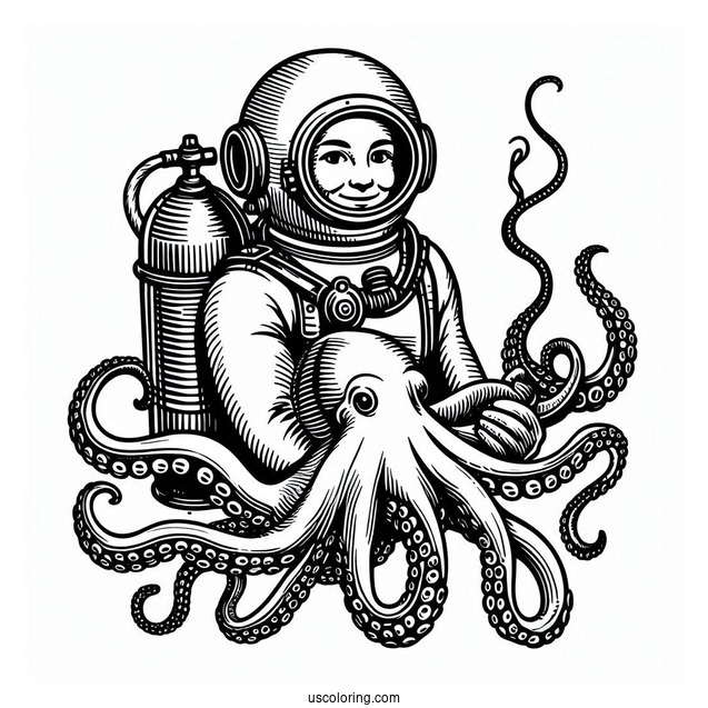 Vintage Diver Holding Octopus Coloring Page