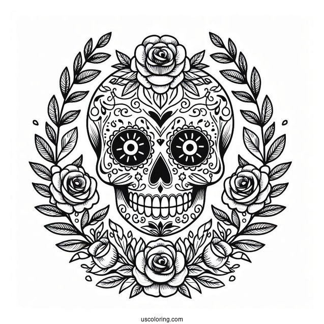Sugar Skulls Coloring Page With Laurel Leaves And Roses