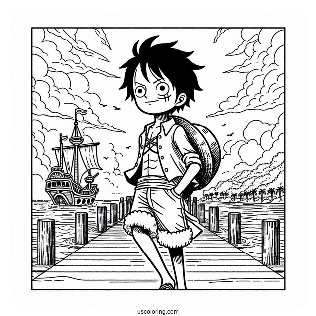 One Piece Coloring Page Of Simple Luffy Walking On Port For Kids