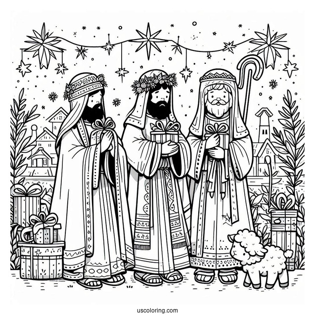 Nativity Coloring Page Of The Three Wise Men Carrying Gifts