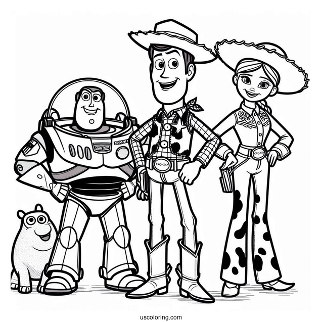 Pixar Coloring Page of Toy Story Woody, Buzz, And Jessie With Friends
