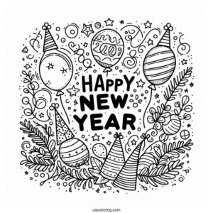 Happy New Year Coloring Page Of Words With Balloons, Party Hats, And Confetti