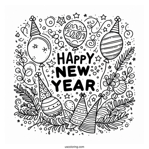 Happy New Year Coloring Page Of Words With Balloons, Party Hats, And Confetti