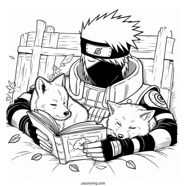 Kakashi Coloring Page Reading While Pakun And The Pack Sleeps Around Him