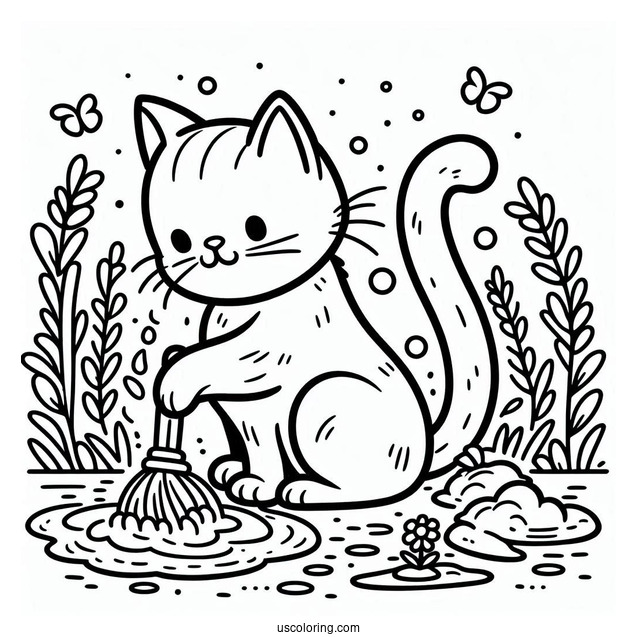 Coloring Page Of Cat Cleaning Itself