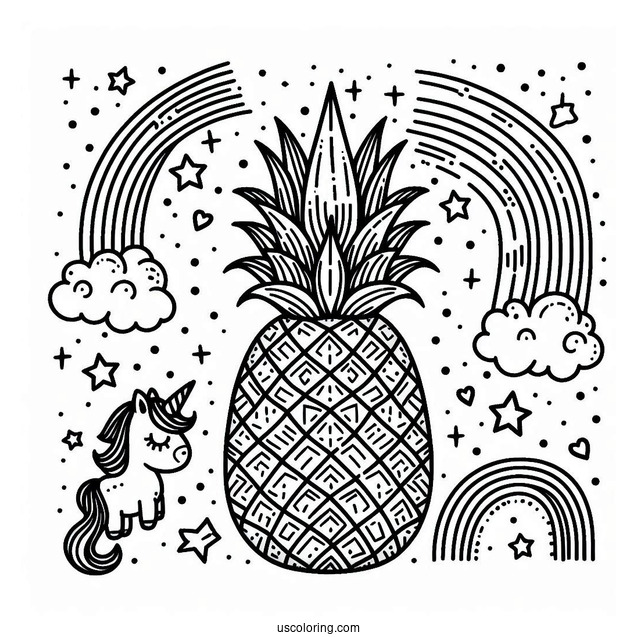 Adorable Pineapple Coloring Page Unicorn With Rainbow For Kids