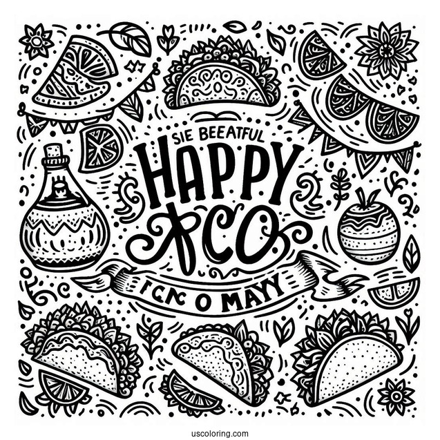 Happy Cinco De Mayo Words Around A Taco Coloring Page
