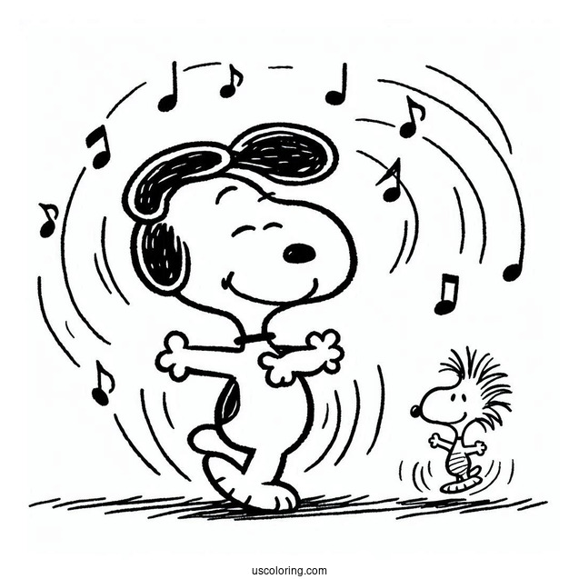 Dancing Snoopy With Woodstock To Color