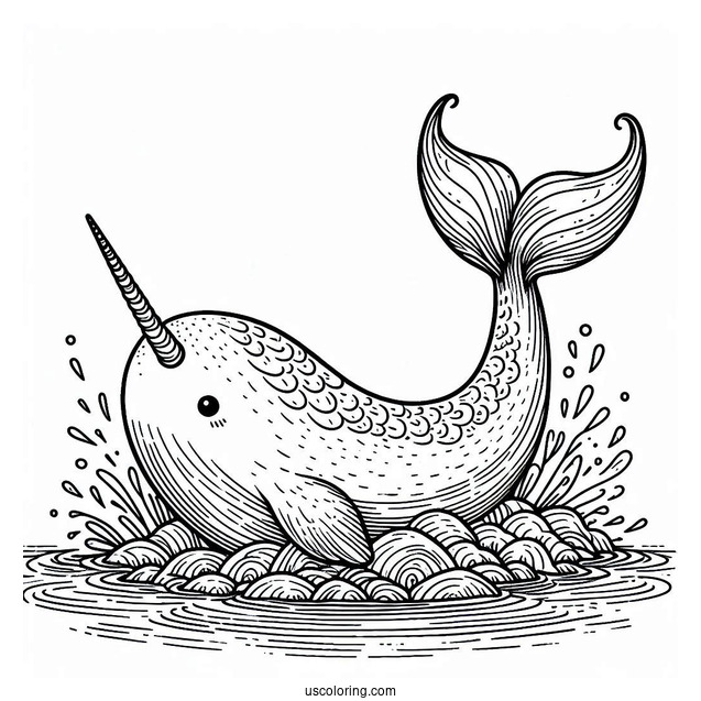 Large Narwhal Coloring Page With Tail Above The Water