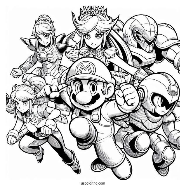 Super Smash Bros Coloring Page Of Mario, Mega Man, Palutena, Samus Aran, And Lucina