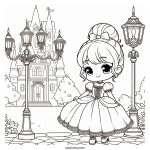 Chibi Cinderella Standing Outside The Castle With Lamps Coloring Sheet For Kids
