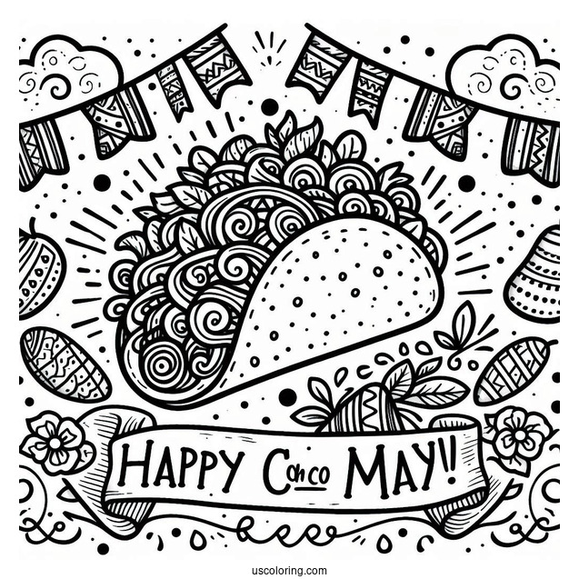 Taco With Happy Cinco De Mayo Greeting Coloring Sheet