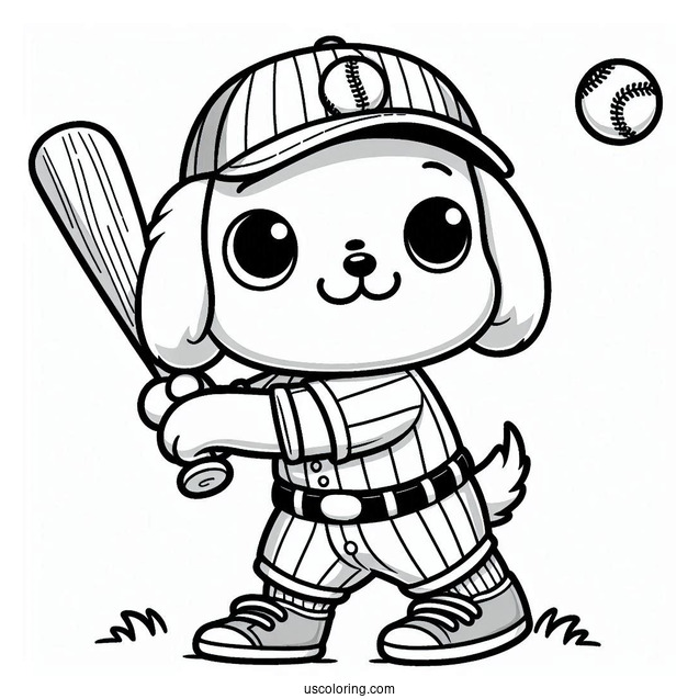 Cartoon Dog in Baseball Coloring Page Uniform Ready to Swing For Kids