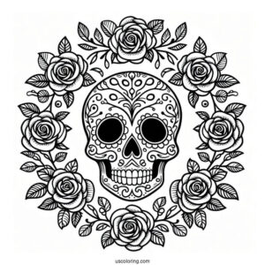 Smiling Sugar Skull Coloring Page Rose Wreath With Leaf Patterns