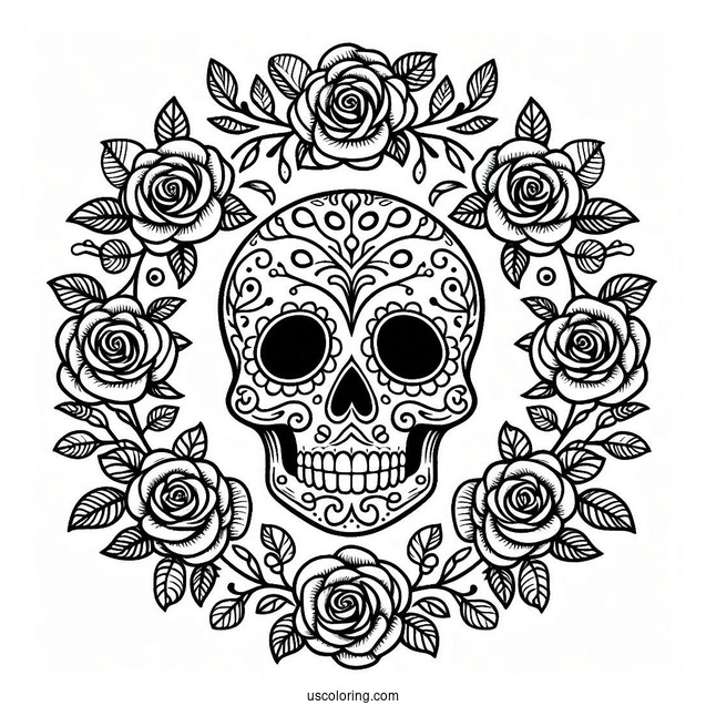 Smiling Sugar Skull Coloring Page Rose Wreath With Leaf Patterns