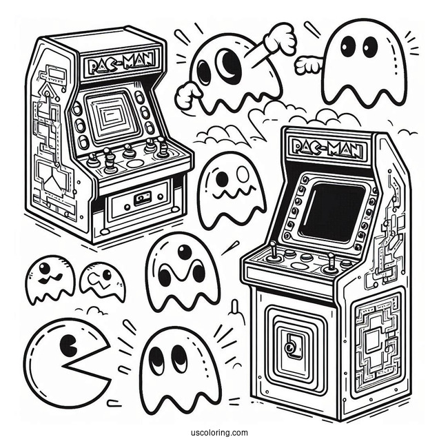 Pac-Man Coloring Page And Ghosts Leaping Out Of Arcade Machine