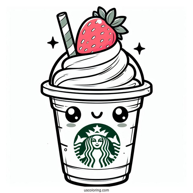 Smiling Cartoon Starbucks Coloring Page Frappe With Strawberry On Top For Kids