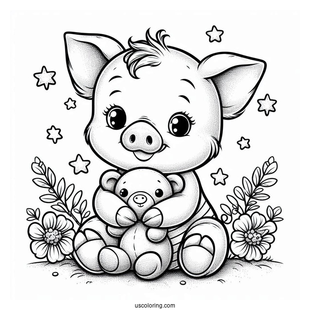 Baby Piglet Coloring Page Holding A Teddy Bear For Preschoolers