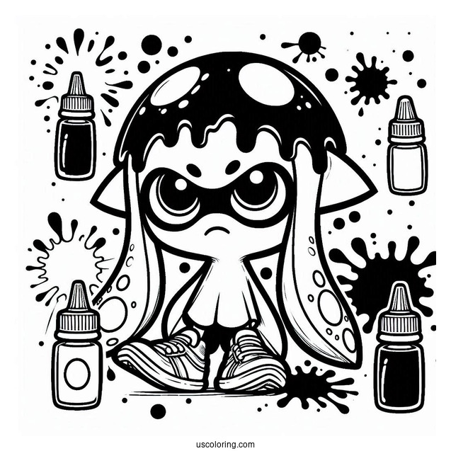 Chibi Splatoon Coloring Page Of Squid With Ink Splatter Poster