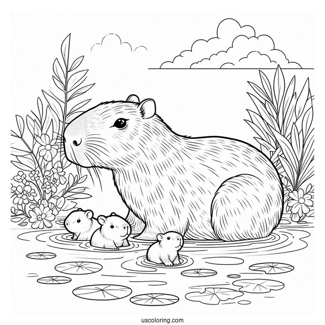 Mama Capybara Coloring Page With Babies In The Water