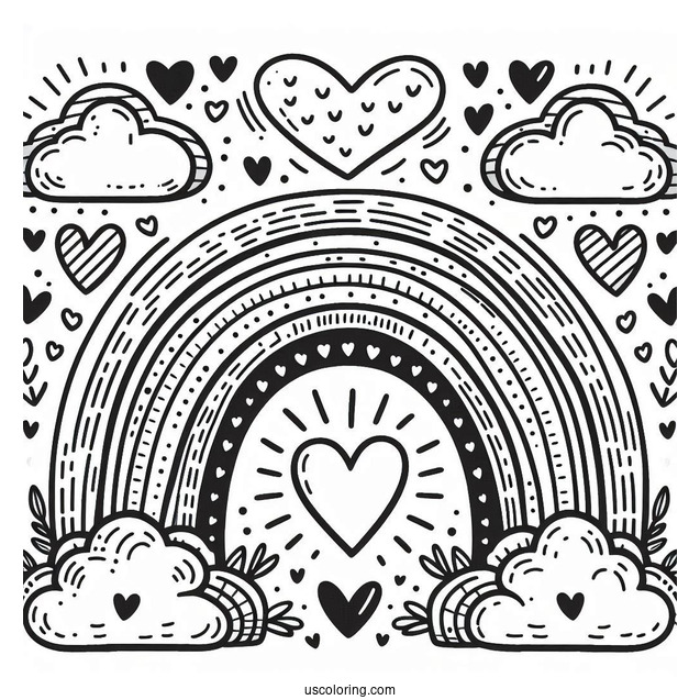 Rainbow Coloring Page With Love Heart Clouds