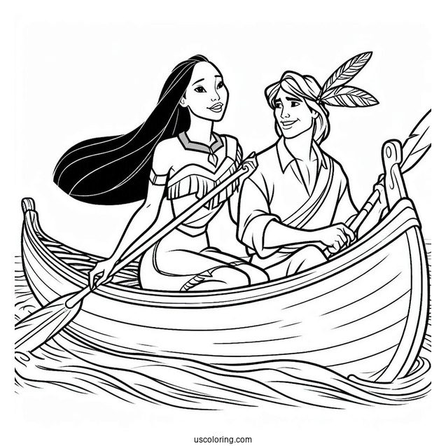 Pocahontas And John Smith On Canoe Coloring In