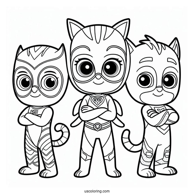 PJ Masks Coloring Page Of Simple Owlette, Gekko, And Catboy Standing With Arms Crossed