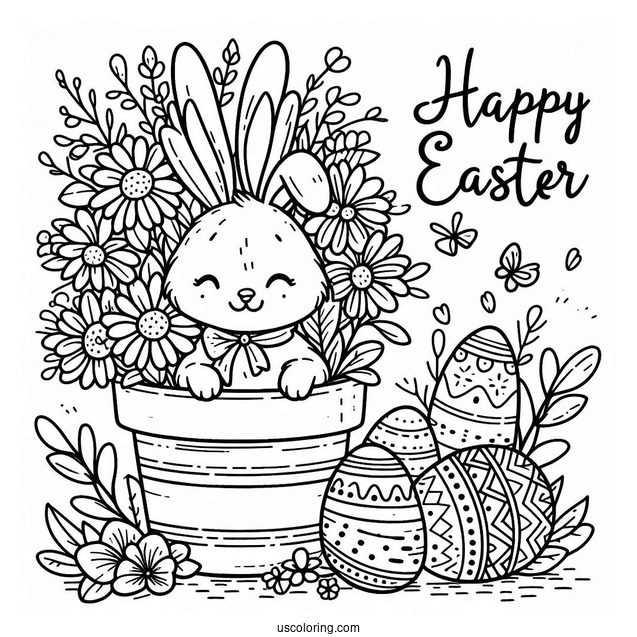 Easter Coloring Page Of Happy Easter With Bunny In A Flower Pot